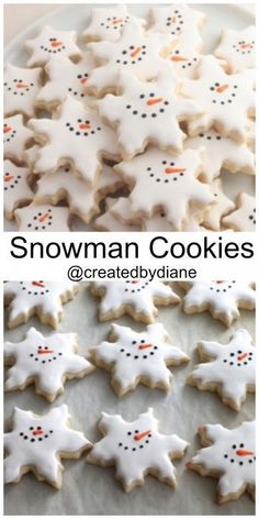 snowman cookies are shown in two different pictures, one is white and the other is brown