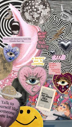 a collage with many different images and words on it, including an image of a woman's face