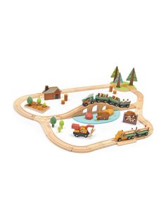 a wooden toy train set with cars and trucks