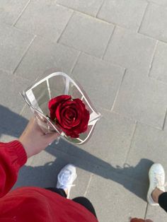 a person holding a flower in their hand on the ground next to someone's feet