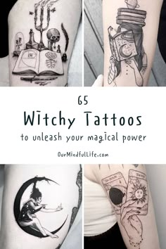 four different tattoos with the words witch tattoos to unleash your magic power