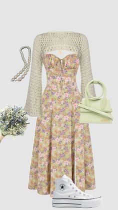 Cute Winter/spring Outfits, Spring Palette Outfits, Spring Clothes Aesthetic, Spring Dress Outfits, Flower Outfits, Cute Pastel Outfits, French Retro Style, Sweet Outfits, New Year Tree