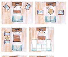 four drawings of living room furniture arranged in squares