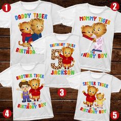 three shirts with the names of each child's name and two bears on them