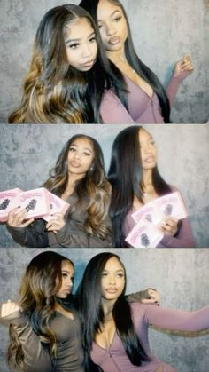 two beautiful young women posing for the camera with their hair in three different poses, one holding