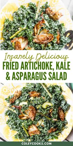 two plates filled with fried artichoke kale and asparagus salad