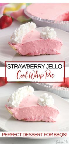 strawberry jello cool whip pie on a white plate with the title text overlay