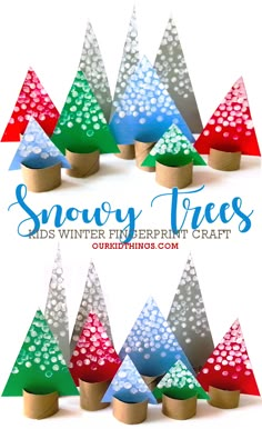 paper christmas trees made out of wood sticks with snow on them and the words snowy trees written