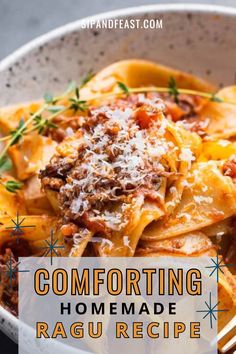 a white bowl filled with pasta and topped with parmesan cheese, sauce and herbs