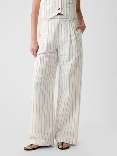 365 High Rise Linen-Cotton Trousers Stretch Linen High-waisted Pants, Linen High-waisted Pants With Welt Pockets, Luxury Linen High-waisted Wide Leg Pants, High-waisted Cream Linen Pants, Straight-leg Linen Pants With Five Pockets, Cotton Linen Trousers, Cotton Trousers, Petite Size, Welt Pockets