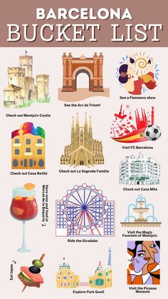 the barcelona bucket list is shown in this graphic style, with many things to see and do