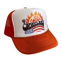 Vintage Opryland U.S.A. Trucker Hat Mesh Hat adjustable Snap Back Hat Orange   Vintage style trucker hat, Retro snapback hat, appears brand new and unworn This is a mesh trucker hat with an adjustable snapback that fits most people 100% Polyester Front 100% Nylon Mesh Back 5-panel cap Seamless Foam Front Panel with Lining 8 Rows of Stitching on the Visor Matching Fabric Under visor Adjustable Plastic Snap Snap Back Hat, Vintage Trucker Hats, Snapback Caps, Mesh Hat, Snap Back, Snap Backs, Snapback Hat, Trucker Hats, Trucker Cap