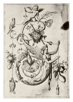 an old drawing with angels and birds on it's sides, surrounded by other items