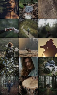 a series of photographs with people walking in the woods