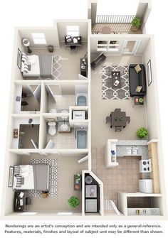 the floor plan for a two bedroom apartment with an attached kitchen and living room area