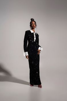 REI Sequin Dress in ONYX Collar Formal Dress, All Black Wedding Guest Outfit Formal, Long Sleeve One Shoulder Dress, Black Velvet Sequin Dress, Holiday Party Outfit Black Women, Gala Looks For Women, 2024 Wedding Guest Dress, Charity Gala Dress, Gala Attire For Women