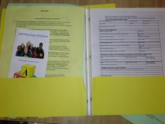 an open book with pictures and text on the pages, showing information about children's learning