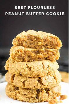 three cookies stacked on top of each other with the words best flourless peanut butter cookie