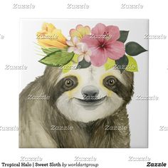 a painting of a slotty with flowers on it's head and leaves around its neck