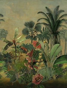 a painting of tropical plants and flowers