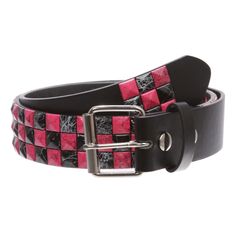 PRICES MAY VARY. Snap on, interchangeable roller buckle Material: Genuine bonded leather Hot pink & Black checkerboard studs detailing 1-1/2" in width Sizing: This belt is measured from inside edge of buckle to the center hole, the 3rd hole from the tip end. order 2 inches larger than pants size for best fit. e.g.: Small fits pants size 29"-31"; Medium fits pants size 32"-34"; Large fits pants size 35"-37"; X-Large fits pants size 38"-40" Material: Genuine PU bonded leather Width: 1 1/2" (38 mm) Scene Accessories, Branded Belts, Studded Belt, Leather Care, Punk Fashion, Punk Rock, Belts For Women, Workout Pants, Pink Black