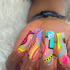 Colorful 90s Nails, Colorful Abstract Nails, Different Nail Designs On Each Nail, Graphic Nail Designs, 90s Theme Nails, Abstract Art Nails, Abstract Nail Art Designs, Nails Acrylic Coffin, Crazy Nail Designs