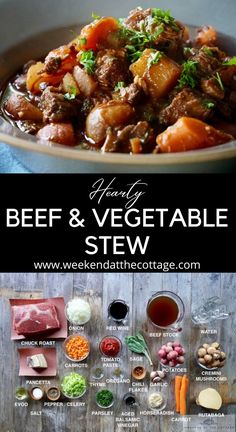 beef and vegetable stew in a white bowl on a wooden table with text overlay