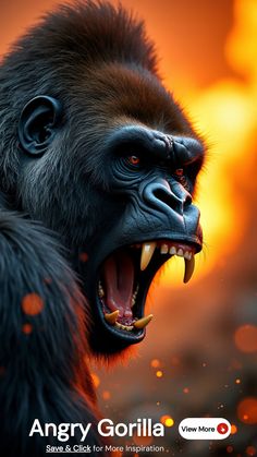 A close-up of an angry gorilla with a fierce expression, displaying its sharp teeth and open mouth. The gorilla appears to be enveloped in a fiery ambiance, with embers and flames surrounding it. The background is dominated by a smoky atmosphere, adding to the intense and dramatic feel of the image. Gorilla Pictures, Angry Gorilla, Intense Eyes, Gorillas Art, Gorilla Tattoo, Geometric Mandala Tattoo, Geometric Mandala, Great Ape, Text Overlay