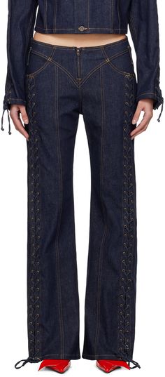 Stretch denim jeans. · Paneled construction · Low-rise · Belt loops · Four-pocket styling · Zip-fly · Lace-up detailing at front legs · Locker loop at back waistband · Logo-engraved bronze-tone hardware · Contrast stitching in tan Part of the Flower collection. Supplier color: Indigo Jean Paul Gaultier Jeans, Pant Details, Buy Jeans, Flower Collection, Ankle Length Jeans, Pants Details, Paul Gaultier, Jeans Brands, Jean Paul