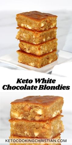 keto white chocolate blondies stacked on top of each other with text overlay