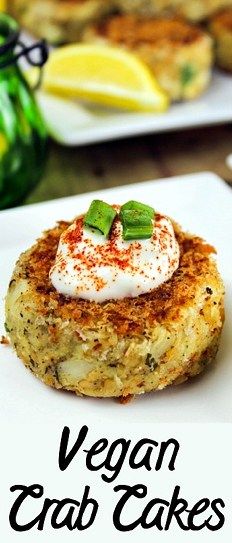 a close up of food on a plate with the words vegan crab cakes above it