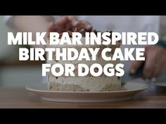 a person cutting into a cake on top of a white plate with the words milk bar inspired birthday cake for dogs