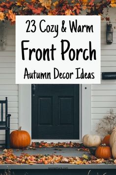 front porch decorated for fall with pumpkins and leaves