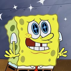 an animated spongebob holding a knife and fork in front of his face with stars on the background