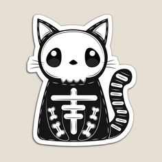 a black and white sticker with a cat on it's back, in the shape of a skeleton