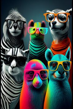 three colorfully dressed animals wearing sunglasses and standing next to each other in front of a black background