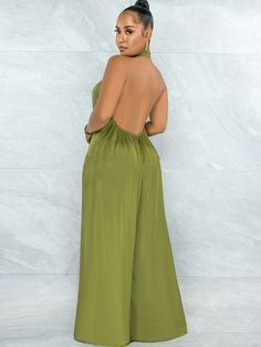 Material:90% Polyester.Feature:Halter neck. Backless. Ruched. Backless. Sleeveless. Solid Color. Wide Leg Long Jumpsuits. Loose.Occasion:Suitable for Daily Wear. Formal Dress. Weeding. Casual Wear. Party. Travel. Shopping. Outdoor. Holiday. Appointment. Cocktail. Fashion Show. Vacation. Etc. Vacation Strapless Jumpsuit, Solid Color Backless Halter Top For Party, Elegant Beach-style Stretch Jumpsuits And Rompers, Elegant Stretch Jumpsuits And Rompers For Beach, Solid Color Backless Jumpsuit For Vacation, Backless Solid Jumpsuits And Rompers For Vacation, Elegant Green Backless Jumpsuits And Rompers, Elegant Green Backless Jumpsuit, Stretch Halter Neck Top For Going Out