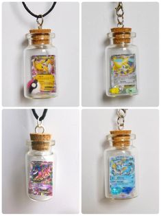 four different images of the inside of a glass bottle with charms attached to it,