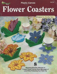 an advertisement for plastic canvass flower coasters