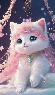 a white cat with blue eyes and pink hair sitting in front of a tree branch