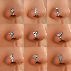 many different types of piercings on the side of a woman's nose and ear