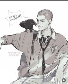 a drawing of a man with a black bird on his shoulder and the words kerah written above him