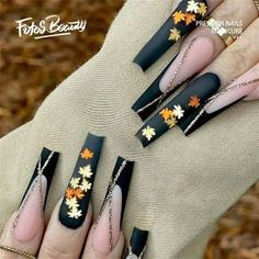 Fall Press On Nails, Press On Nails Long, Black French Tips, Thanksgiving Nails, New Year's Nails, Nails Long