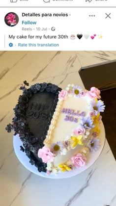 the cake is decorated with flowers and has an image of two hearts on it's side