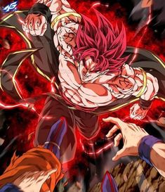 an anime character with red hair is being held up by two other characters in the air