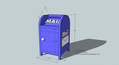 a blue mailbox with the word mail on it's side and measurements below