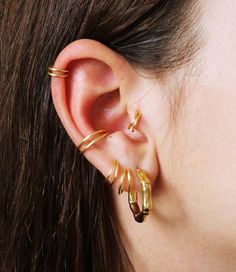 a close up of a person's ear with two gold rings attached to it