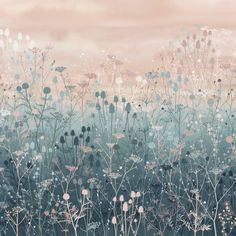 an abstract painting of flowers and grass with pink sky in the background