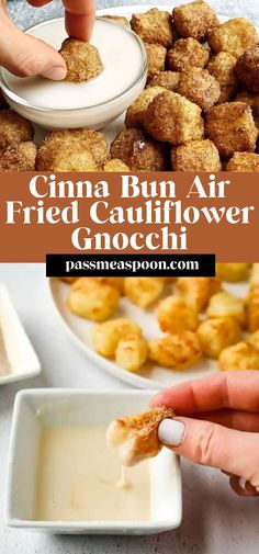 Air fried cauliflower gnocchi – crisp on the outside, soft on the inside.  Rolled around in a cinnamon sugar coating.  Dunked into a sweet and smooth vanilla glaze.  Your breakfast will never be the same.