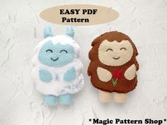 two small stuffed animals sitting next to each other on top of a white surface with the text easy pdf pattern